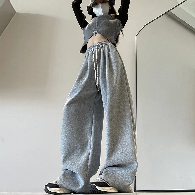 Women Casual Spring/Autumn Drawstring High-Waisted Loose Sweatpants Curved-Cut Sporty Draped Trousers