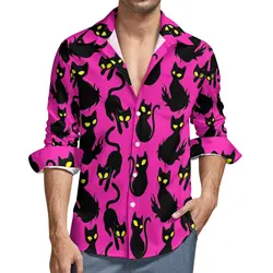 Casual Novelty Black Cat Pattern Men's Shirt Autumn Street Style Long Sleeve Oversized Shirt Cartoon Pattern Men's Top 2024