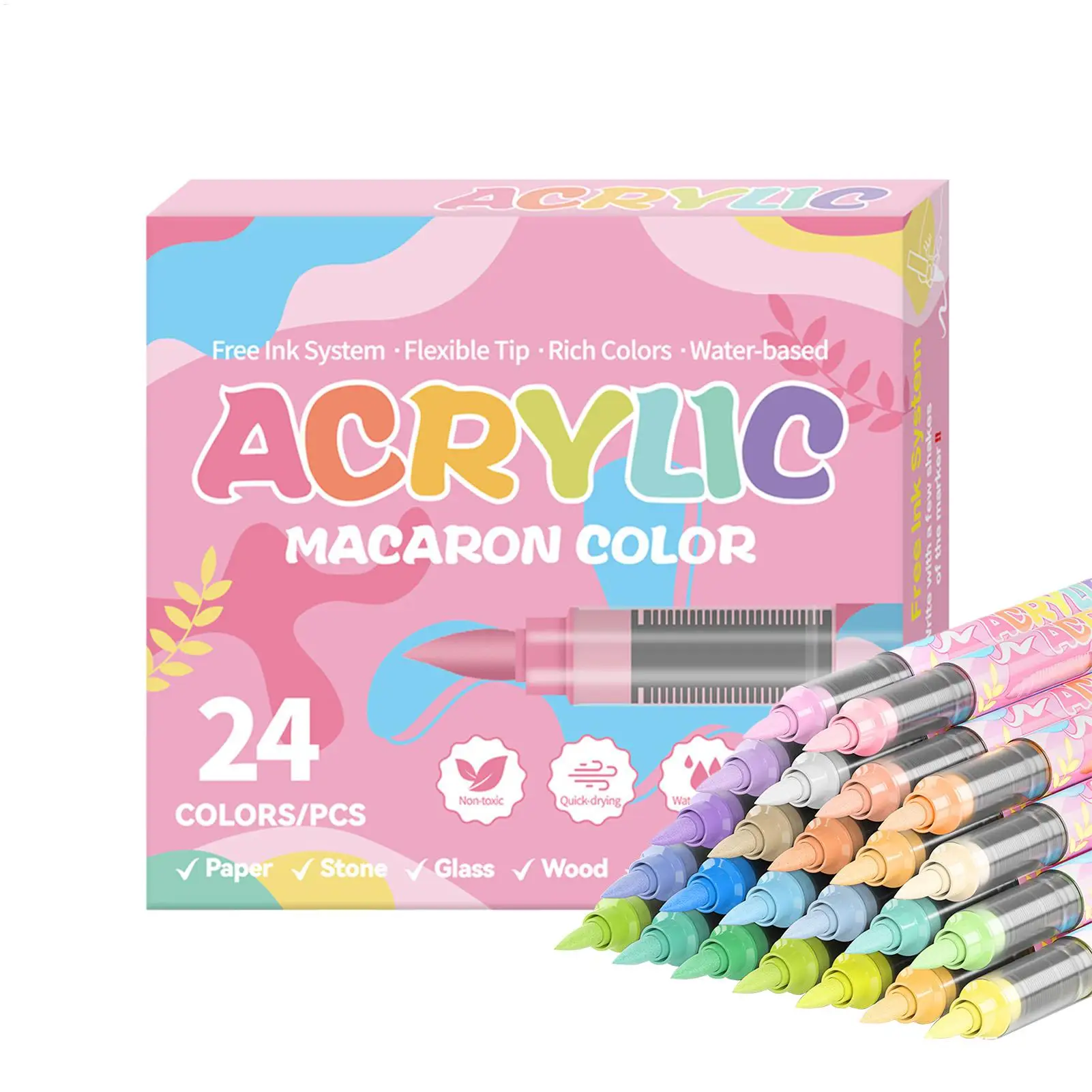 Acrylic Paint Markers 24 Colors Paint Pens for Rocks Water-based Soft Tip Fade-resistant Graffiti Brush for Shoe Woodworking