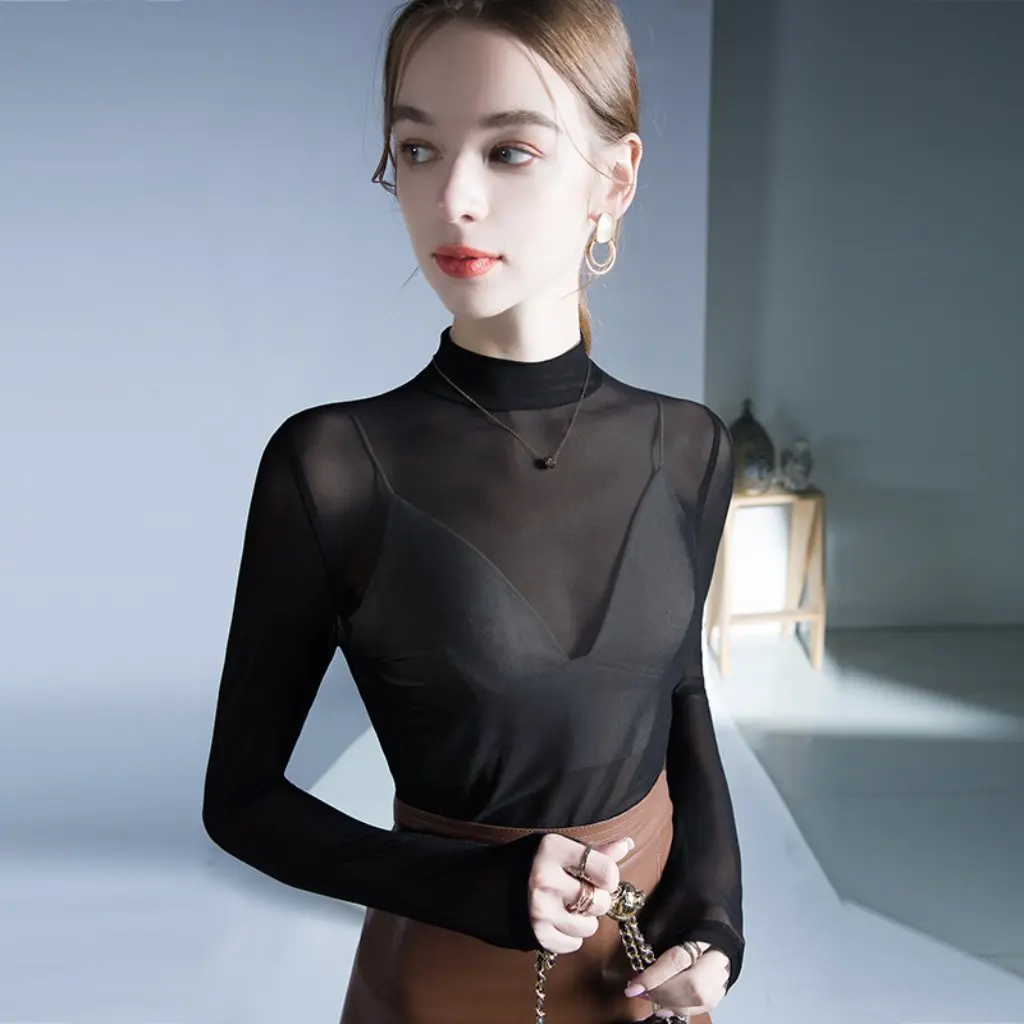 

Feminine Trendy See-through T-Shirt Slimming Stretch Mesh Bottoming Shirt Solid Color Fashionable Autumn Small Top