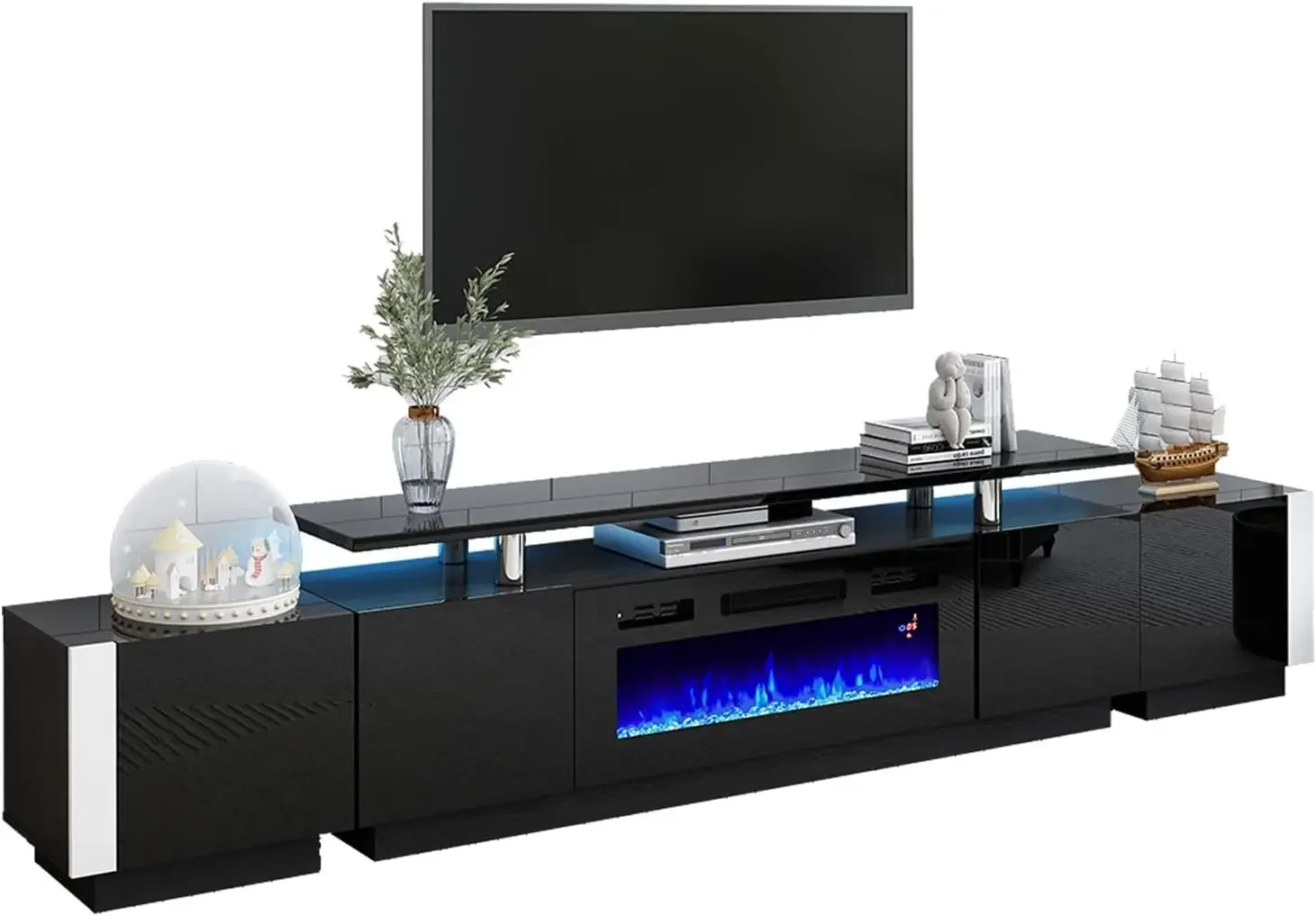 Conjunto de suporte de TV com lareira grande de 110", inclui suporte de TV com lareira de 2 camadas de 70", console de TV com luz LED para sala de estar, preto