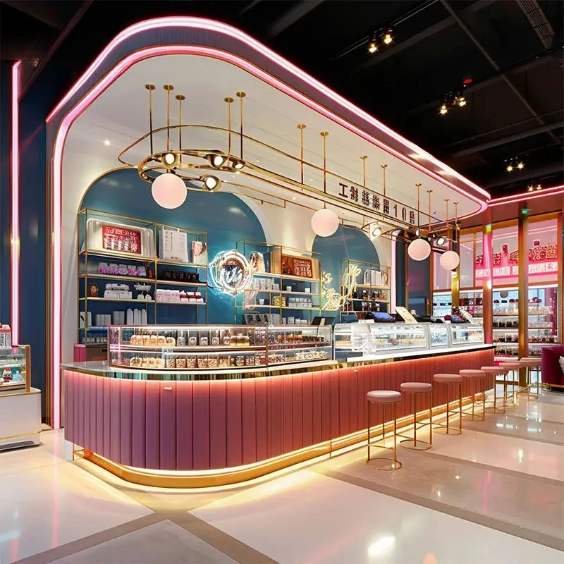 Caffetteria per interni, dimensioni, colori, materiali e vari stili personalizzabili, adatta per caffetterie e torte