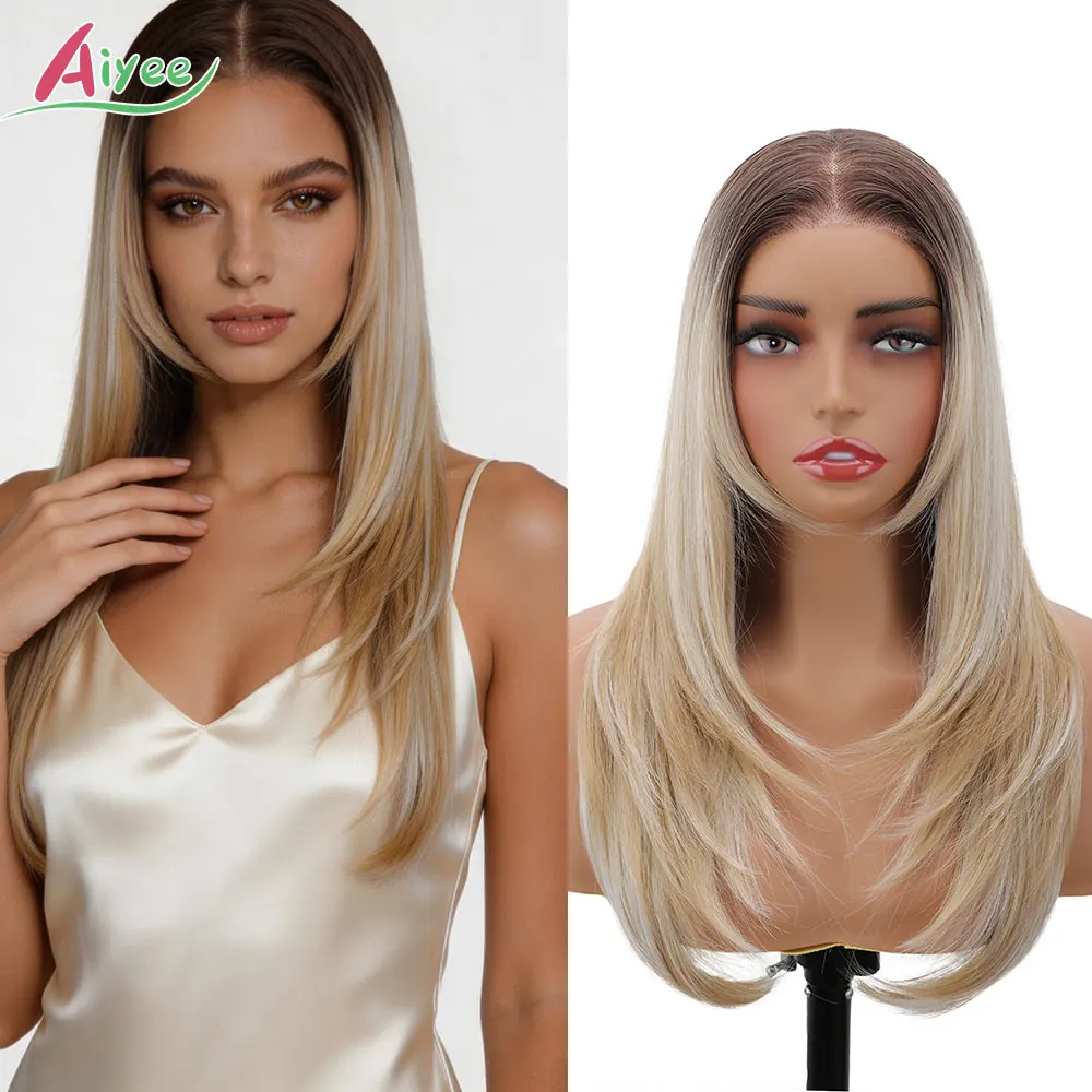 AIYEE 22 13x3 Straight Layered Cut Lace Front Wig Honey Blonde Brown Ombre High Temp Fiber Synthetic Cosplay Women Hairpiece