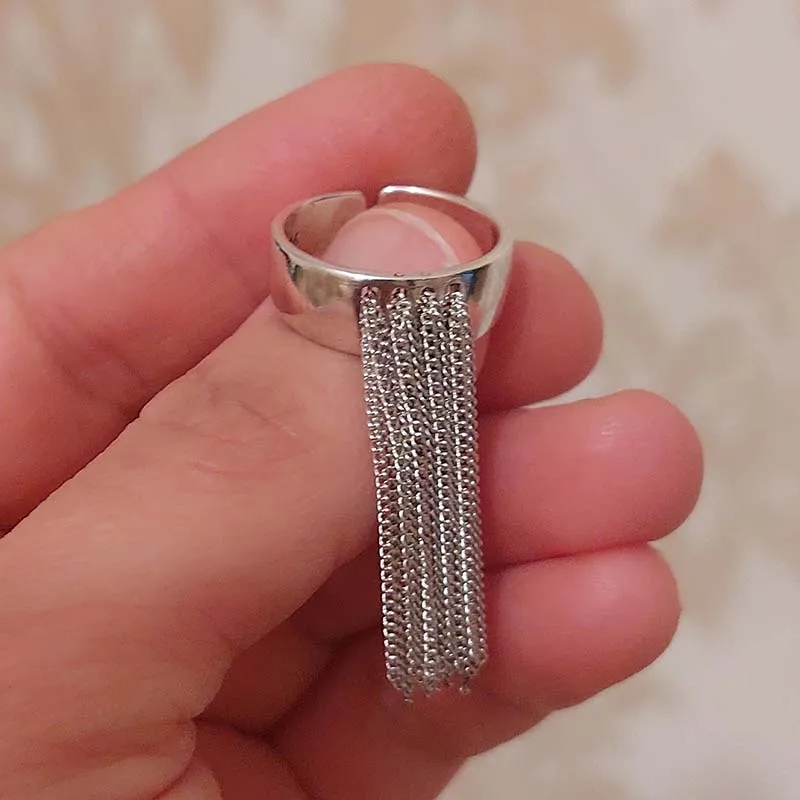 Punk Geometric Silver Color Chain Rings For Women Men Charm Hip Hop Chain Tassel Open Ring Set Couple Emo Fashion Jewelry