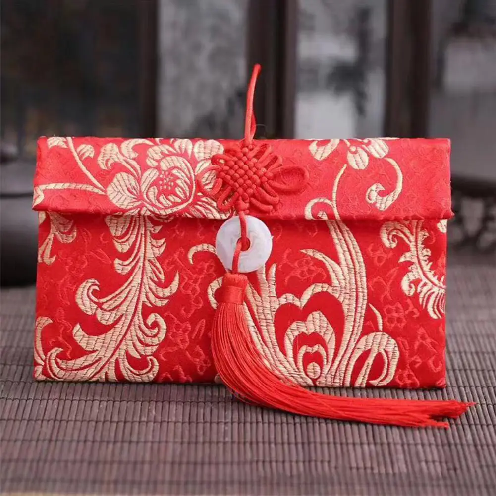 Envelope vermelho de seda falsa com fivela de nó chinês, envelope para casamento chinês, festival da primavera