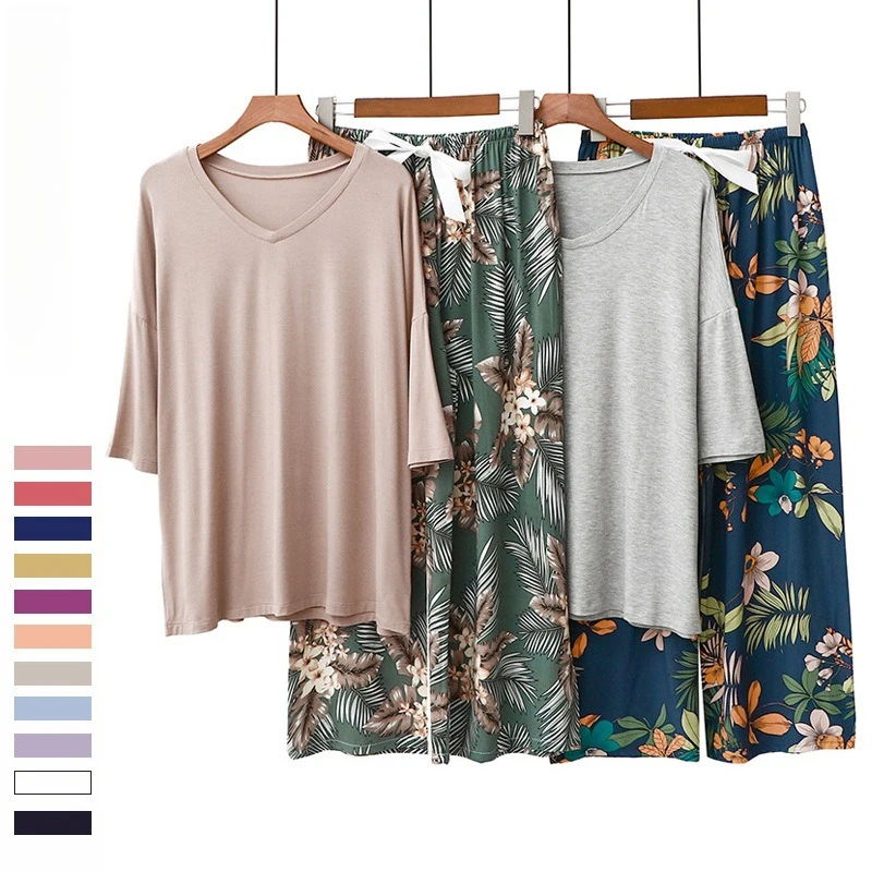 Summer women's pajamas sets Modal short sleeve Tshirts and wide leg pants Hot Casual homewear 2pcs suit lady's loungewear