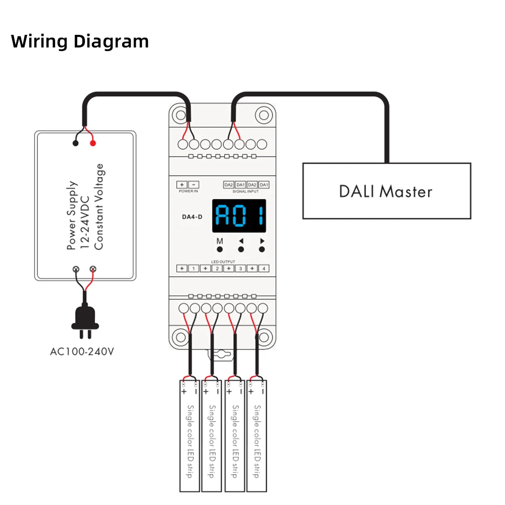 DALI LED Dimmer 12V 24V DC 4 Channels Constant Voltage Numeric Display PMW Dimming DIN Rail 20A 240W 480W LED Strip Light Dimmer