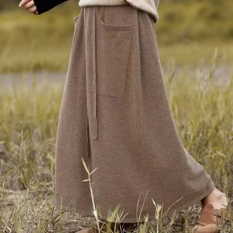 A-line Skirt Female Autumn And Winter High Waist Pure Wool Medium Length Slim Knit casual Fashion Loose Skirt LH007