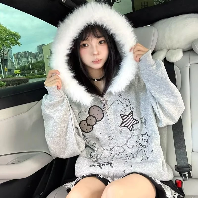 

Cartoon Hello Kitty Graffiti Women's Hooded Jacket Cardigan Outerwear Y2K Clean Girl Autumn/winter Fur Collar Hooded Zip-Up Top