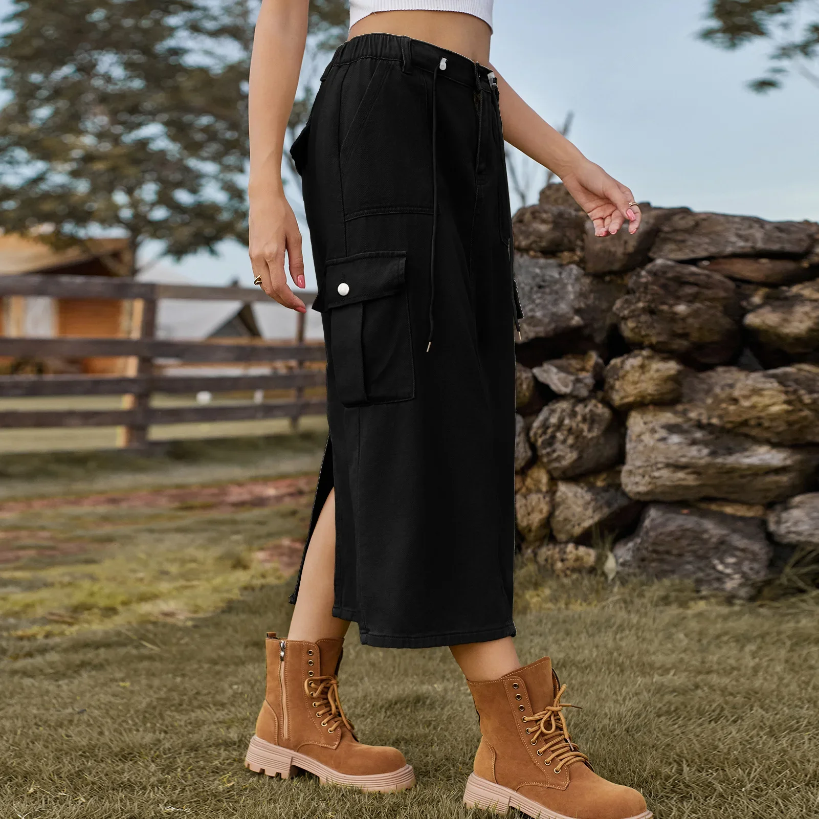 

Сплошная цветная рабочая одежда на шнуровке, джинсовая юбка до половины тела, новая летняя модная длинная юбка с разрезом и несколькими карманами для женщин