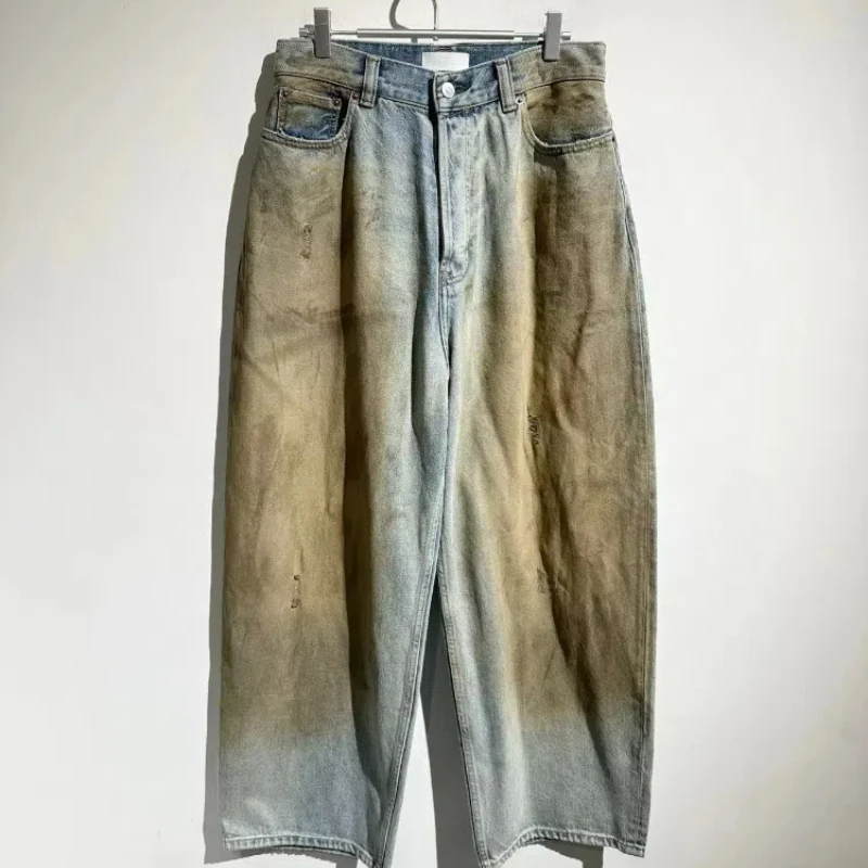 24AW New Old Vintage Dirty Ripped Five Pocket Fashion Wide Leg Casual Straight Jeans for Men Man Pants Baggy Jean Y2k