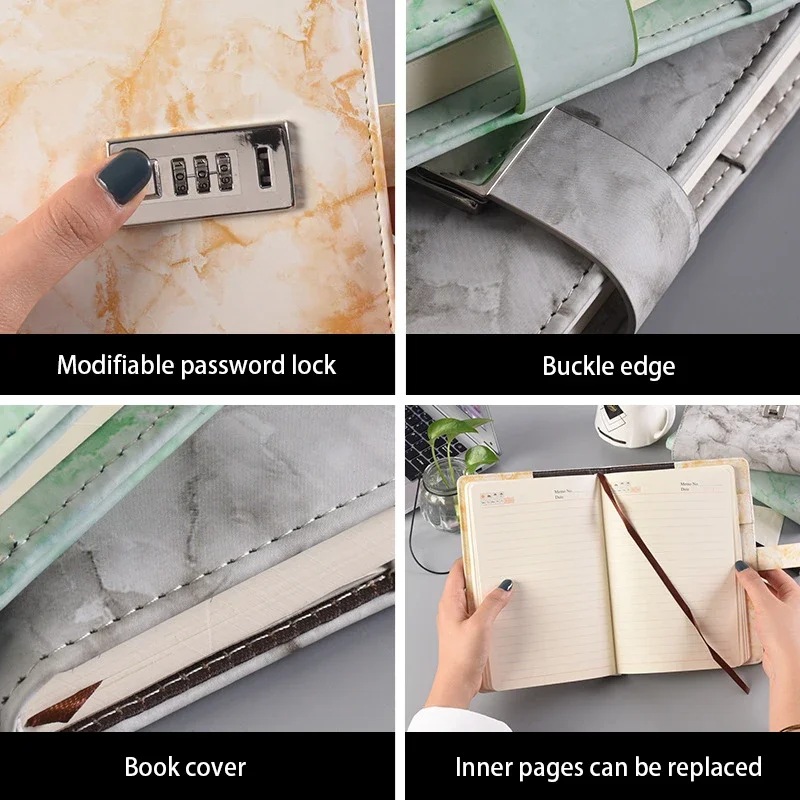 Notebook with password, marble texture, 100 personal diaries, lock code, thick leather notebook, school supplies, office gifts