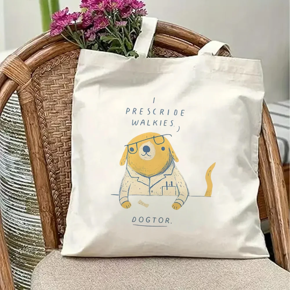 

Funny Dogtor Pun Canvas Tote Bag Cute Prescribe Walkies Quote Cartoon Puppy Graphic Reusable Travel Shoulder Crossbody Handbag