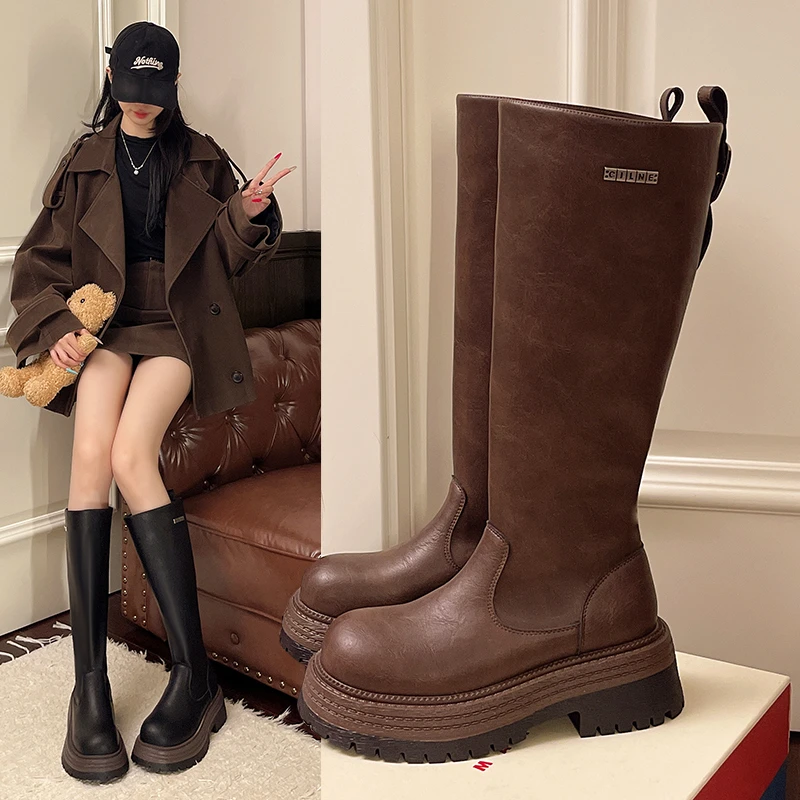 

Fashionable Elastic Thick Heel Long Boots Women's Autumn Winter plus Size Knee High Knight Boots round Toe Rubber Sole