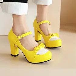 Bright Yellow Purple Closed Toe Pink Girls Cosplay Lolita Shoes Patchwork Bowtie Knot Design Cute Women Mary Janes Pumps Heels