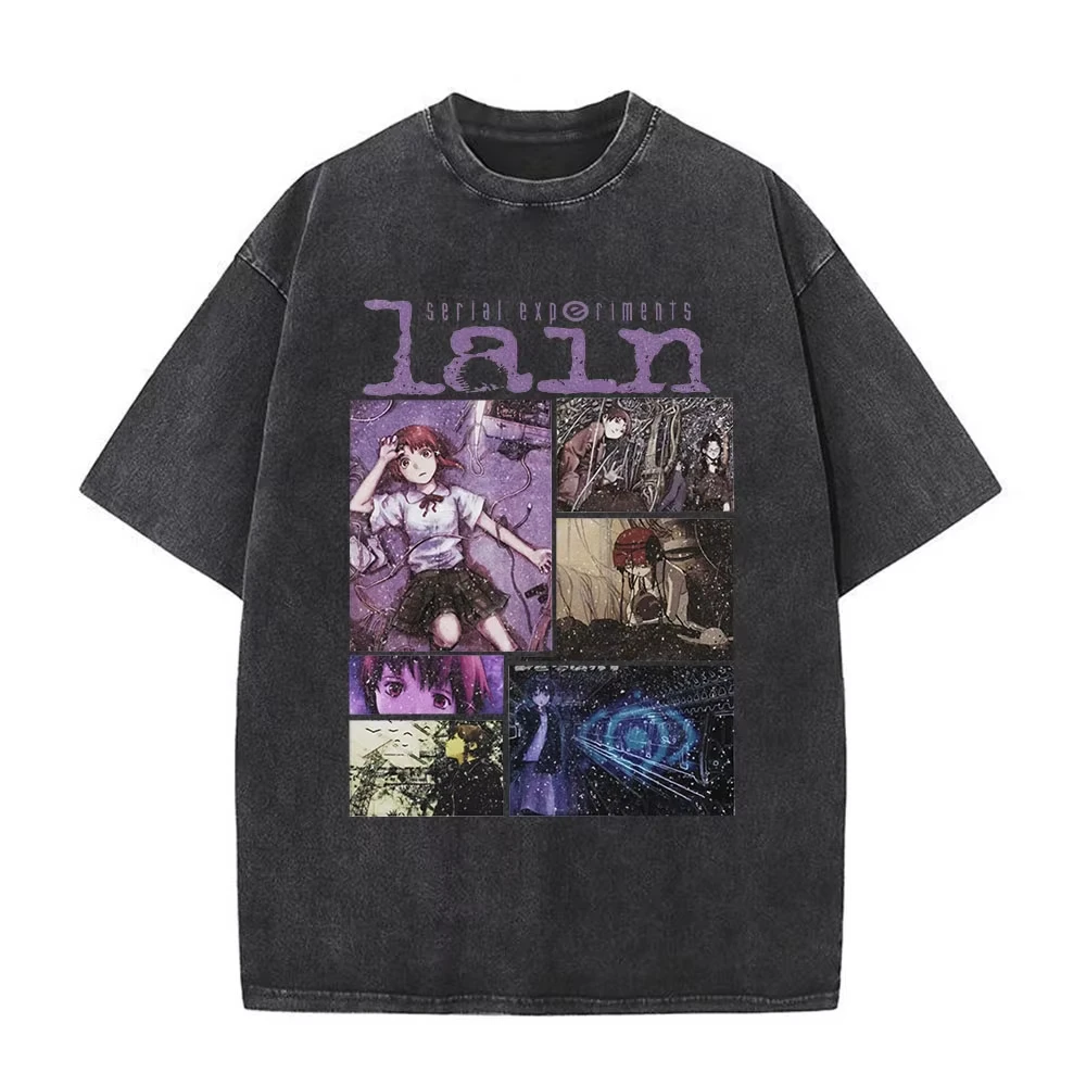 Anime Experiments Lain Vintage T-Shirt Black Men's Casual Short Sleeve Clothing Fashion Unisex Streetwear Top Graphic Hot Sale