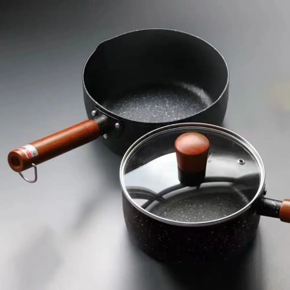 

Non-Stick Milk Pot Wood Handle Universal Soup Pot Japanese Style with Lid and Pour Spout Cooking Saucepan Baby Food
