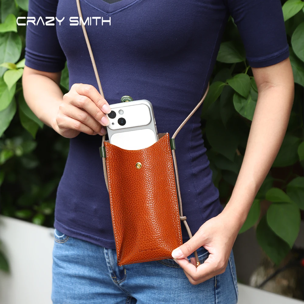 CRAZYSMITH Full-Grain Leather Crossbody Phone Bag Cowhide Lady Wallet Adjustable Drawstring Bags Cellphone Storage Bag Organizer