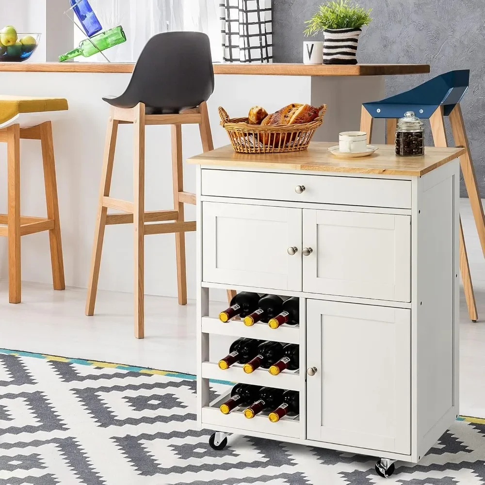 Carrello per isola da cucina, carrello da cucina con rotelle, armadio portaoggetti in legno con cassetto grande, portabottiglie per vino, ristorante moderno