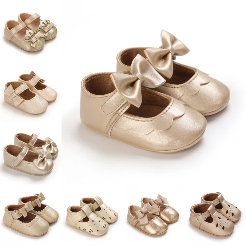 

Baby Girl Gold Series Retro Princess Shoes Elegant Bow Walking Newborn Comfortable Sole First Walker