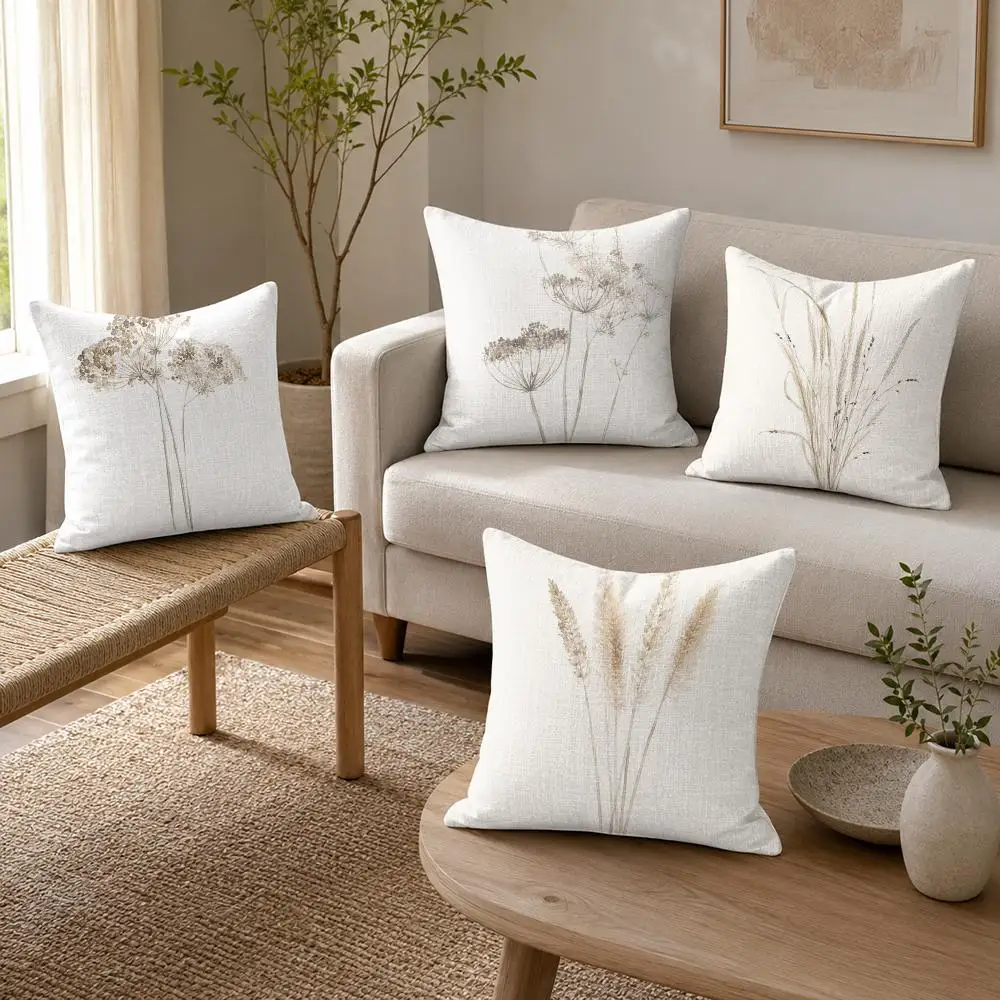Minimal Meadow Stems Cushion Cover Organic Linen Throw Pillow Cover - Double-Sided Print Breathable Cushion Case Home Decor