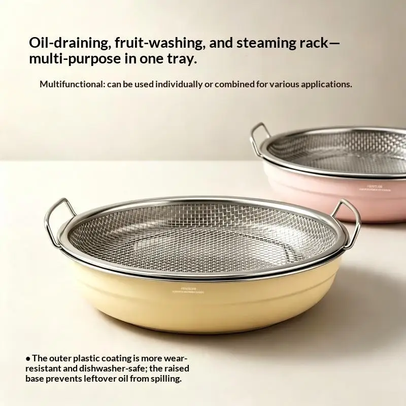 【BA】Heavy Duty Stainless Steel Frying Rack With Tray, Foldable Metal Mesh Basket For Oil Draining, Dishwasher Safe