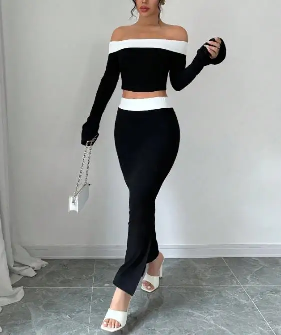 

Women's Skirt Set Sexy Off Shoulder Color Blocked Two-Piece Dress New Slim Fit Slimming High Waist Split Skirt Fashion Set