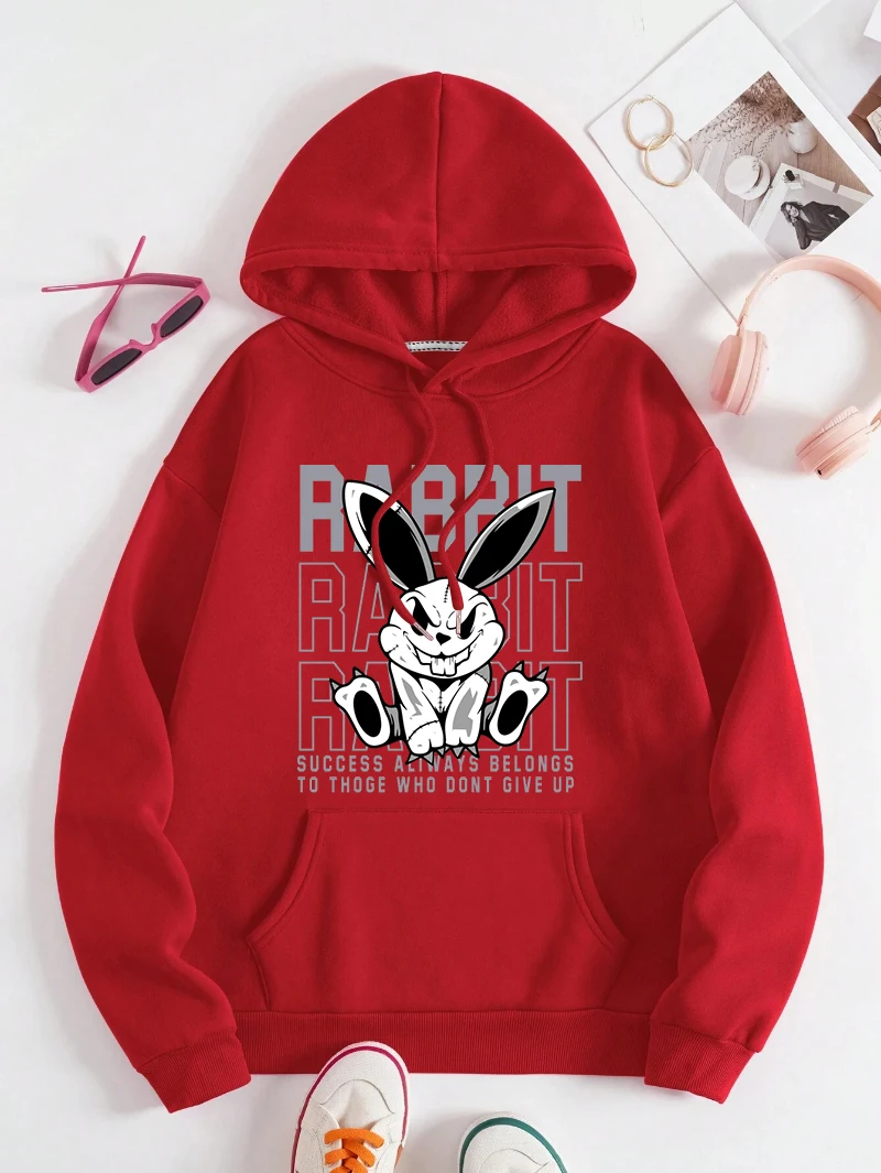 Cool Rabbit Hoodie Womens Cartoons Letter Printing Streetwear Fleece Warm Pocket Loose Pullover Sporty Comfortable Woman Clothes