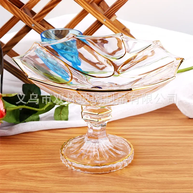 Luxury European Crystal Glass Fruit Plate High Footed Transparent Irregular Design Gold Painted Candy Dish for Home Decor