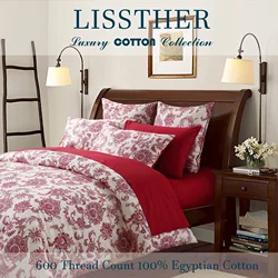 3pcs 600TC 100% Egyptian Cotton Duvet Cover Set, Vintage Red Floral Moire, Soft Breathable Skin-Friendly Bedding (No Inserts)