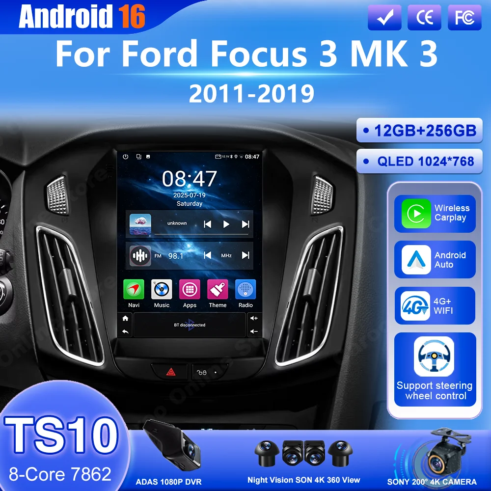Autoradio Android 16 stéréo pour Ford Focus MK3 2011 – 2019, lecteur multimédia de Navigation GPS automatique, sans fil, DVD 2Din, 4G, Carplay