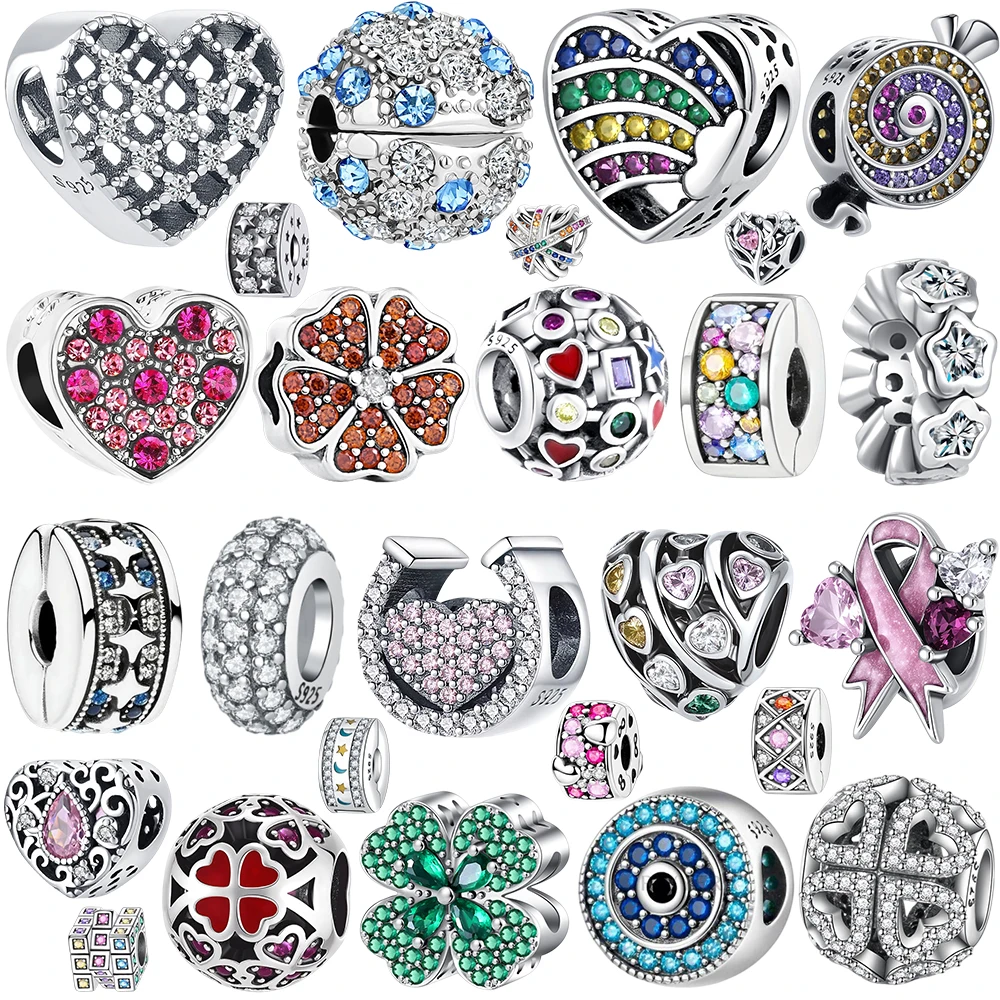 Lucky Four-leaf Clover & Love Heart S925 Silver Charms Multicolor Zircon Beads Fit Original Bracelet DIY Jewelry Making Gift