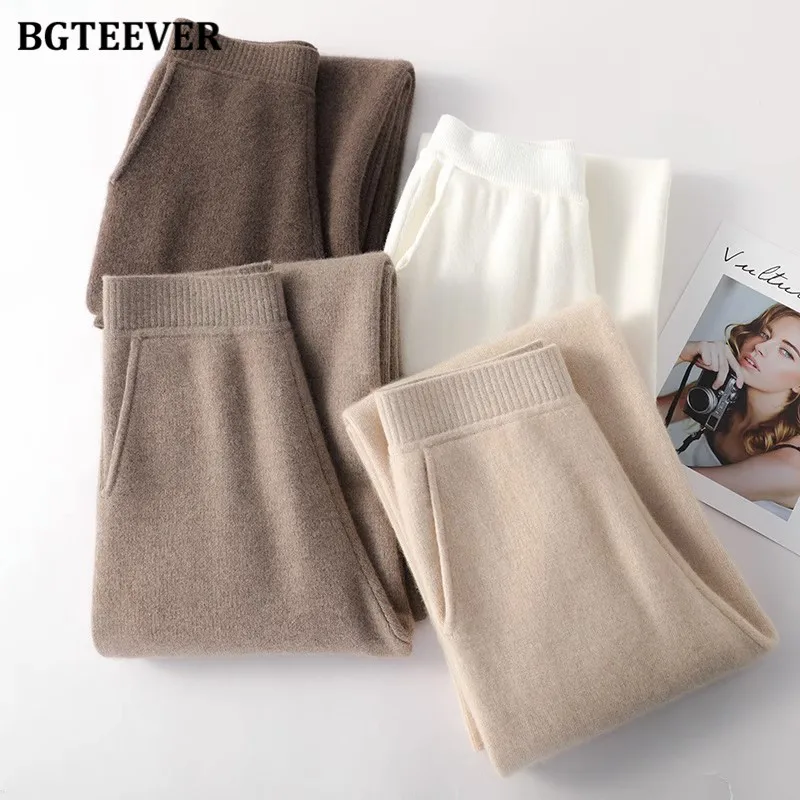 BGTEEVER Stylish Loose Pockets Straight Female Knitted Pants Autumn Winter Wide Leg Sweater Trousers for Women