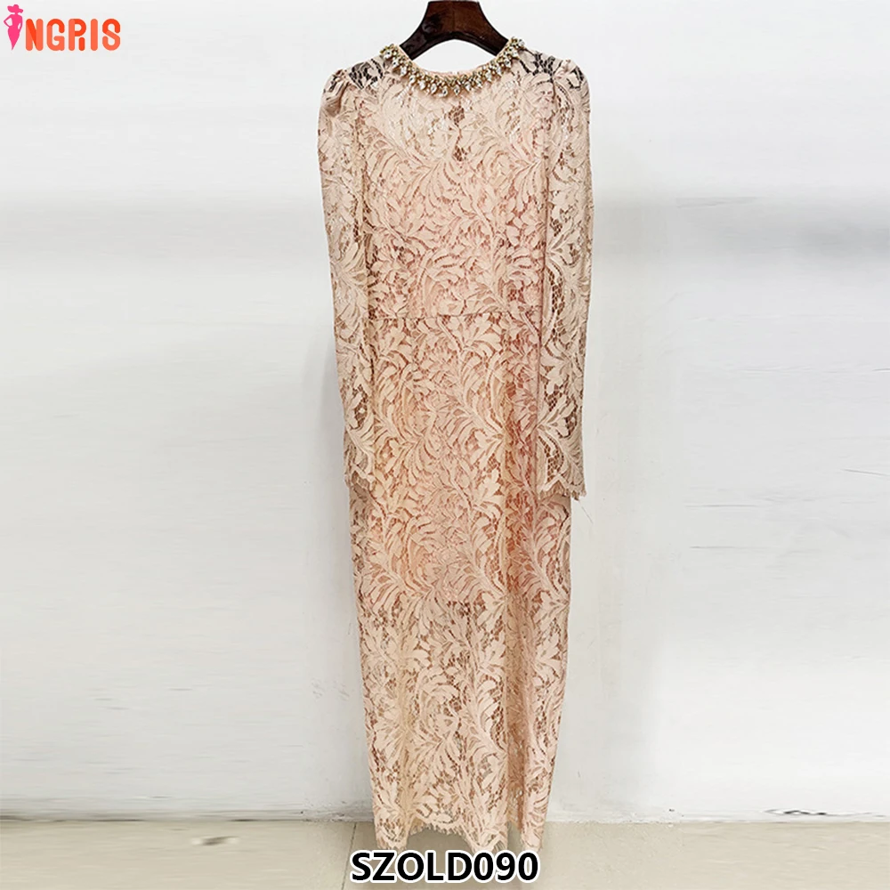 

Spring and summer women's beaded diamond long sleeve water-soluble lace dress long skirt for women-SZOLD090