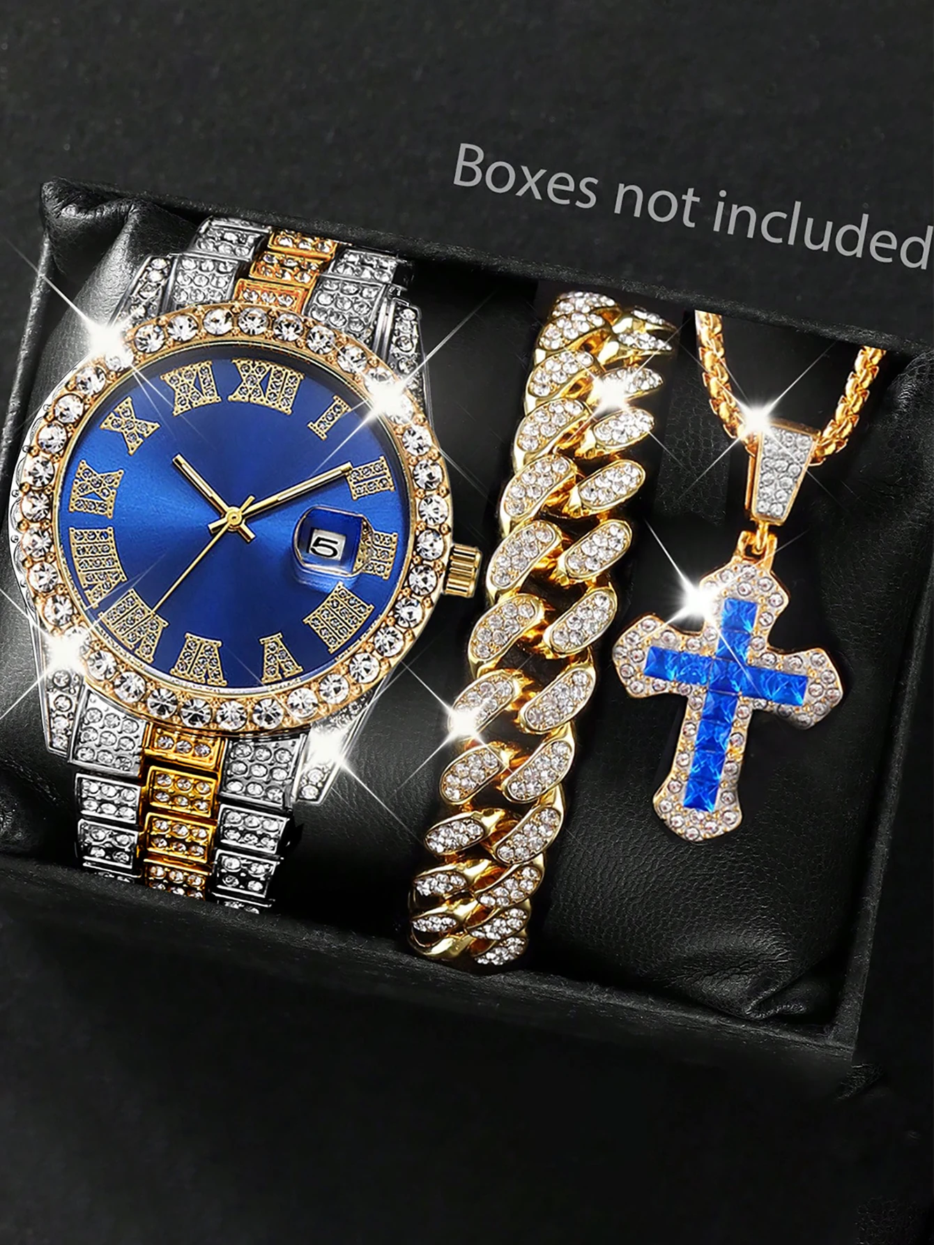 ساعة كوارتز رجالية مع سوار هيب هوب كلاسيكي وقلادة ووظيفة التقويم وملابس الحفلات وصندوق متوافق غير متضمن #1