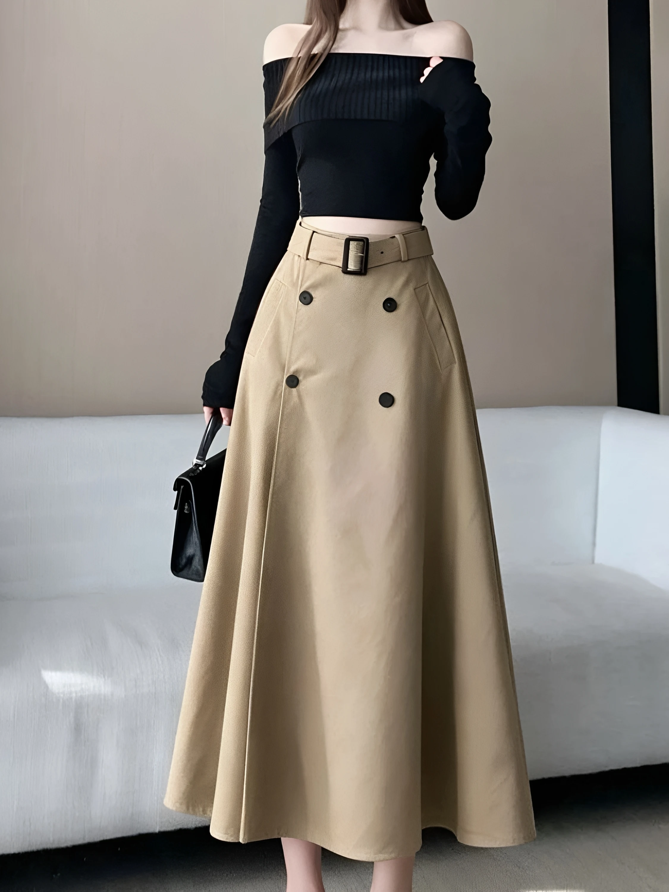 High Waist A-Line Midi Skirt Commute Coat Fabric Double Breasted Waist Belt Autumn Elegance Half Body Skirt Women's Fashion