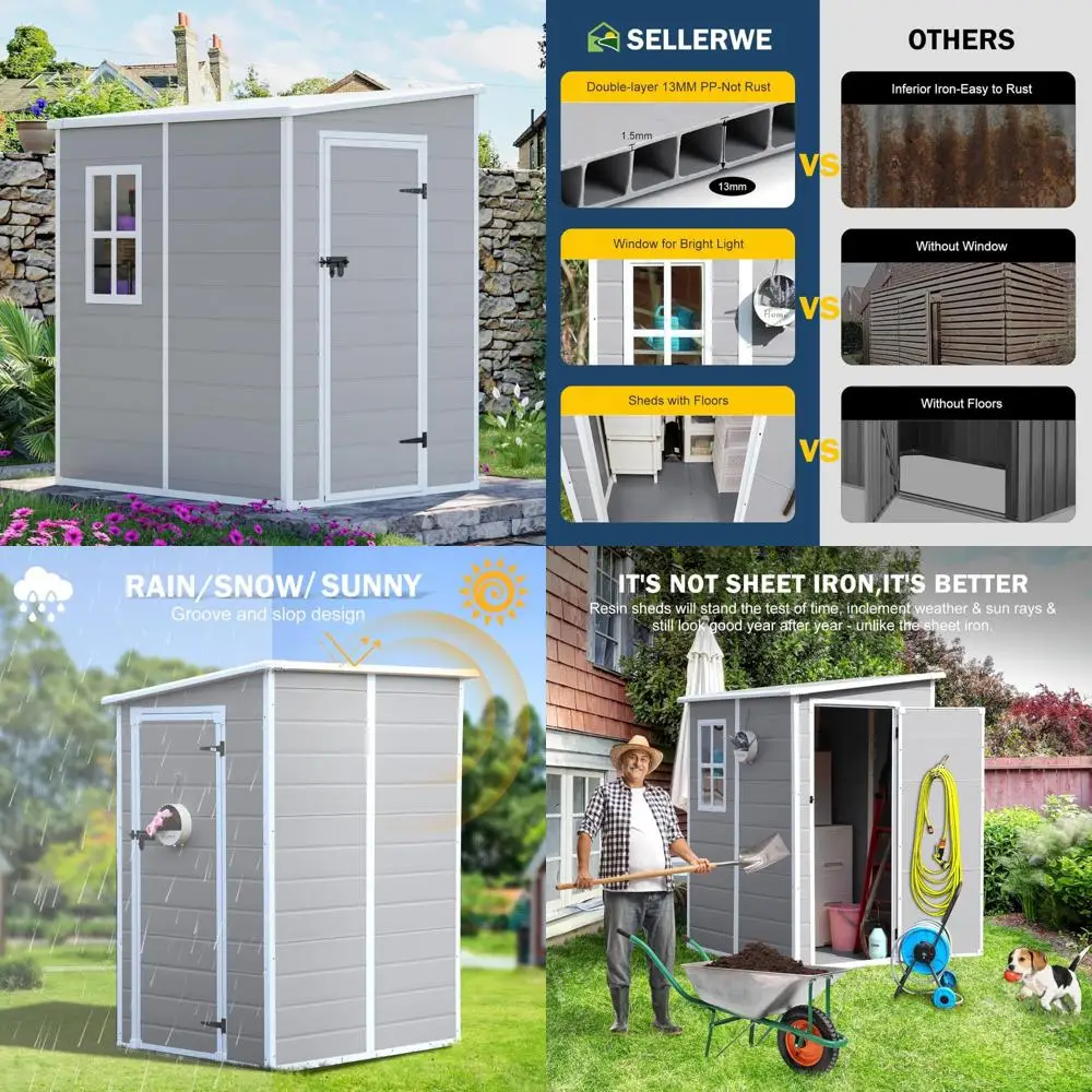 

Водонепроницаемый уличный навес из смолы 5x4, пол в комплекте, окно, двери с двойным замком, 2 вентиляционных отверстия, идеально подходит для хранения и использования в саду