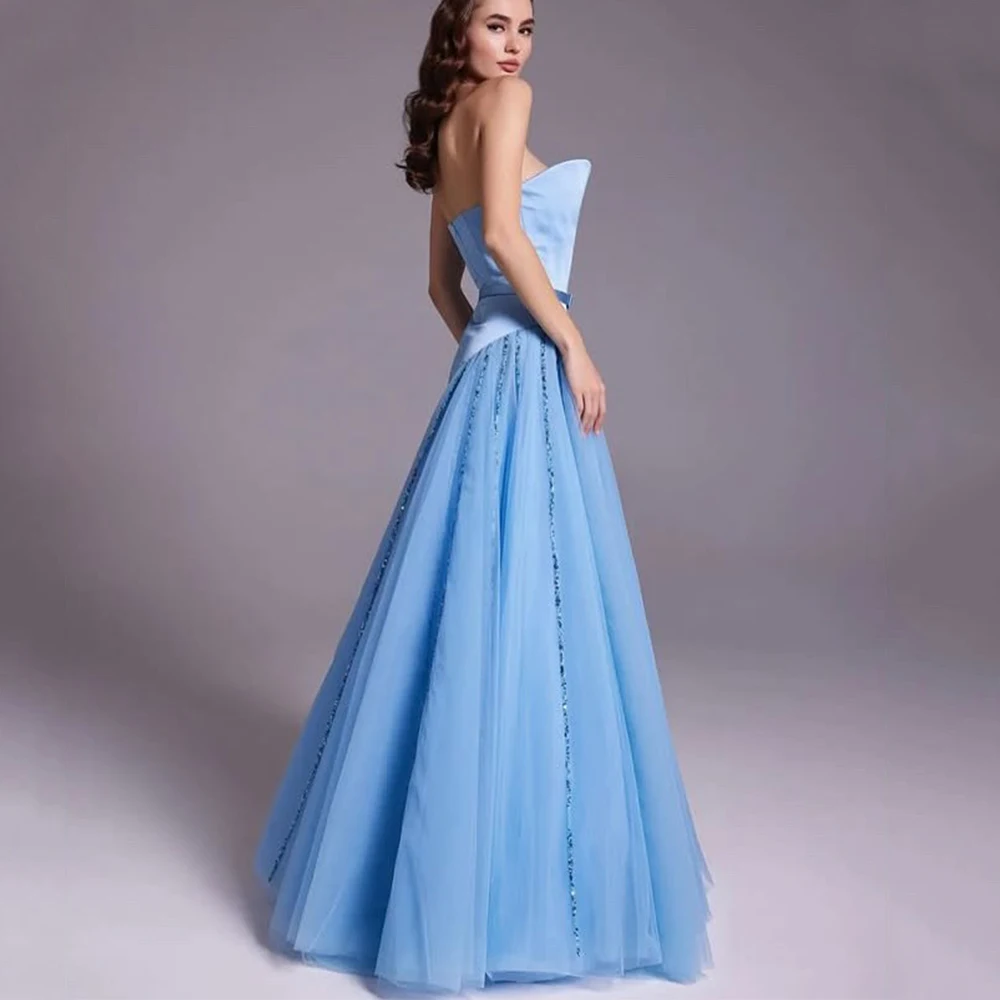 Flechazo Strapless Sheath Evening Dress Customized Beading Satin and Tulle Floor Length Sleeveless with Belt Occasion Gowns