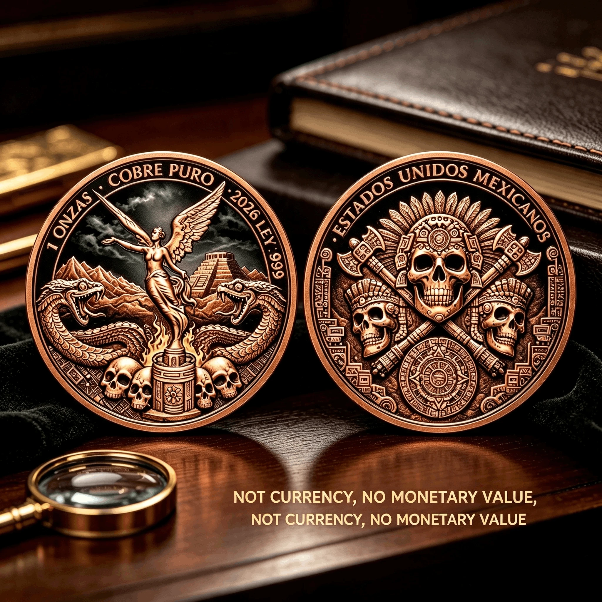 1oz .999 Pure Copper Commemorative Medal, Aztec Mayan Skull & Angel Pattern, 2026 Mexican Antique Engraved Collectible Medallion