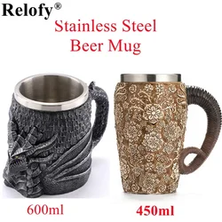 Medieval Dragon Resin Stainless Steel Beer Mug Retro Tankard Skull Coffee Cup Tea Mug Tumbler Bar Decor Drop Shipping，450/600ml