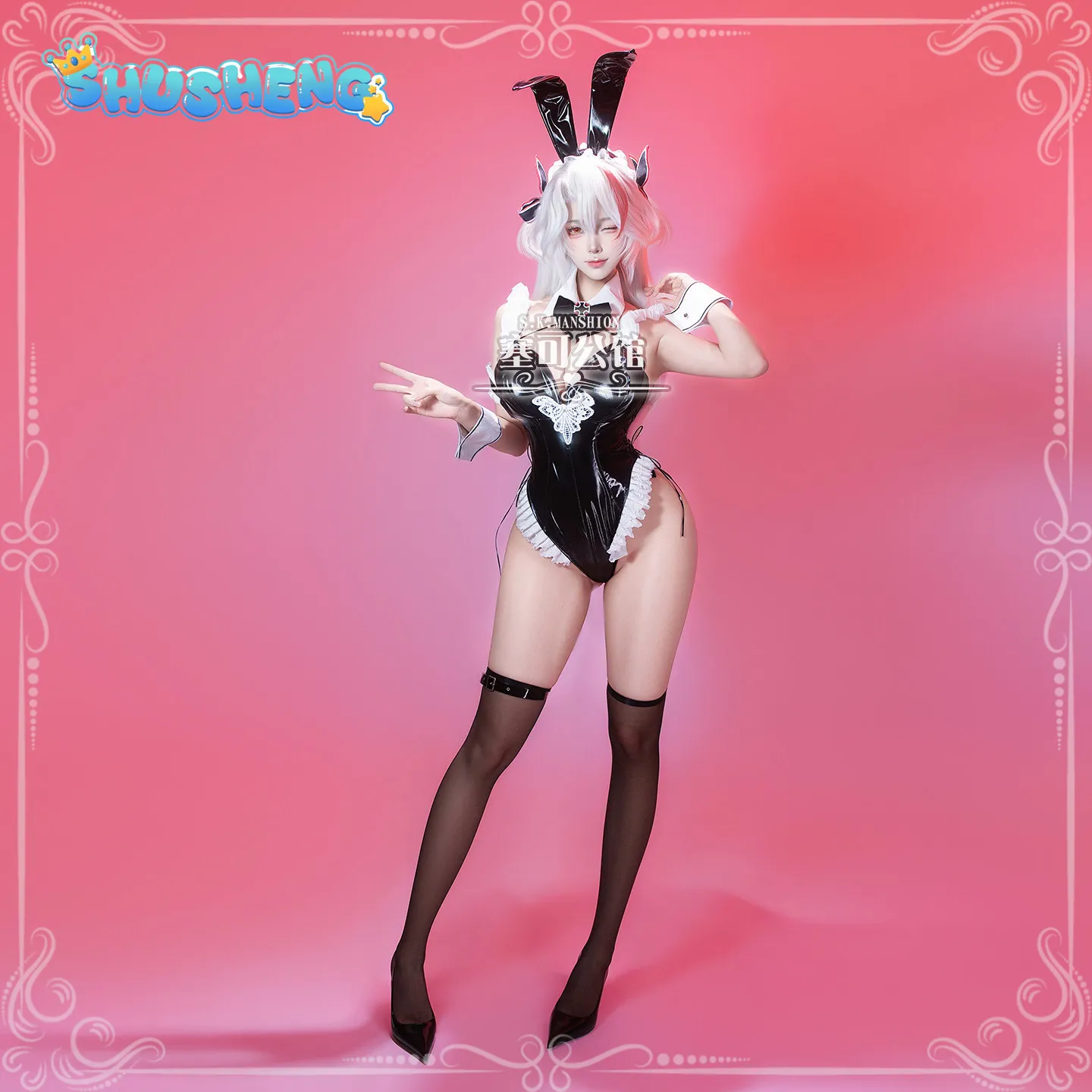 Prinz Eugen Azur Lane KMS Prinz Eugen Cosplay Costume Black sexy leather jumpsuit headwear socks Halloween party bunny girl suit view 2
