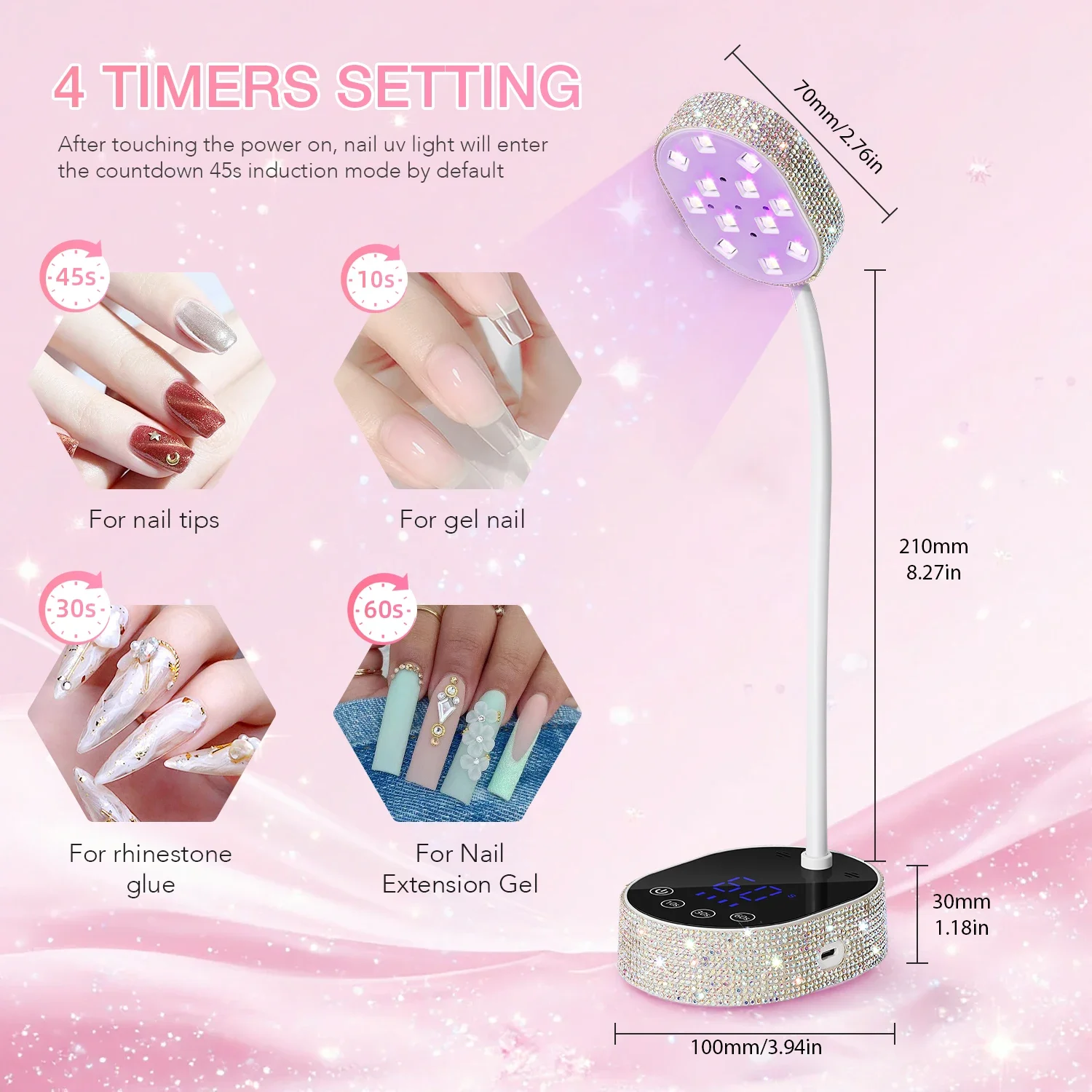 DianaBeauty UV Led Nail Lamp Prata Strass Recarregável Secador de Unhas com Tela Sensível Ao Toque e 3 Configurações de Temporizador Ferramentas de Manicure
