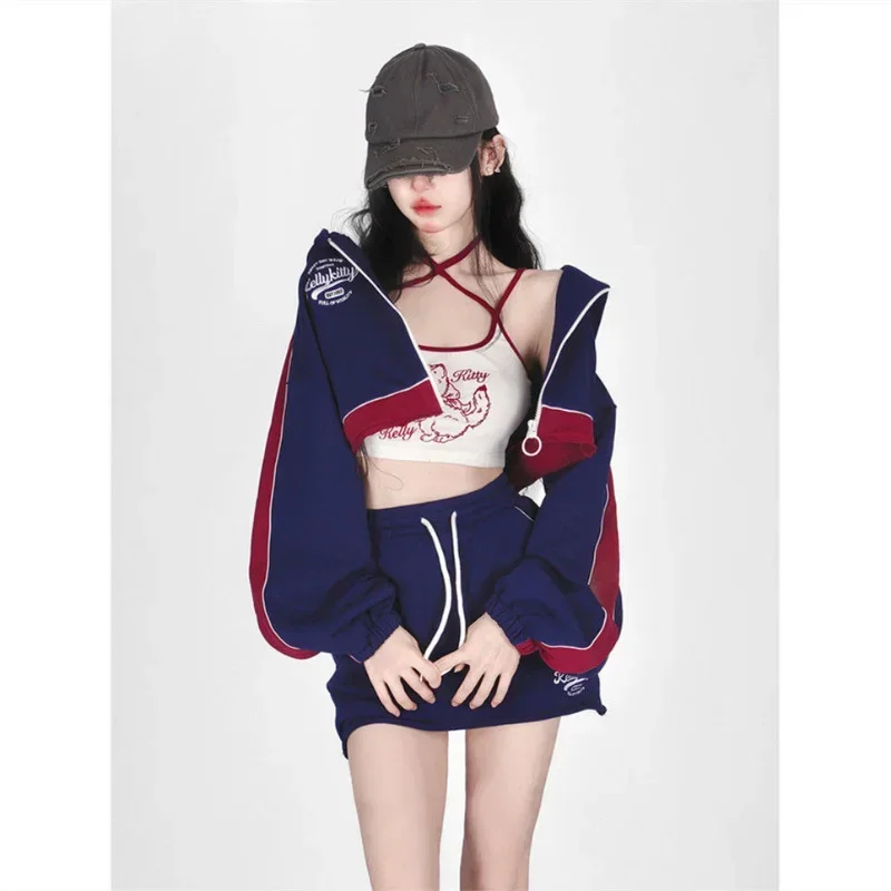 Hikigawa Chic Fashion Autumn Y2k Sports Suit Sexy Cartoon Cat Print Camisole Tank Top+Zipper Short Coat+Drawstring Mini Skirt