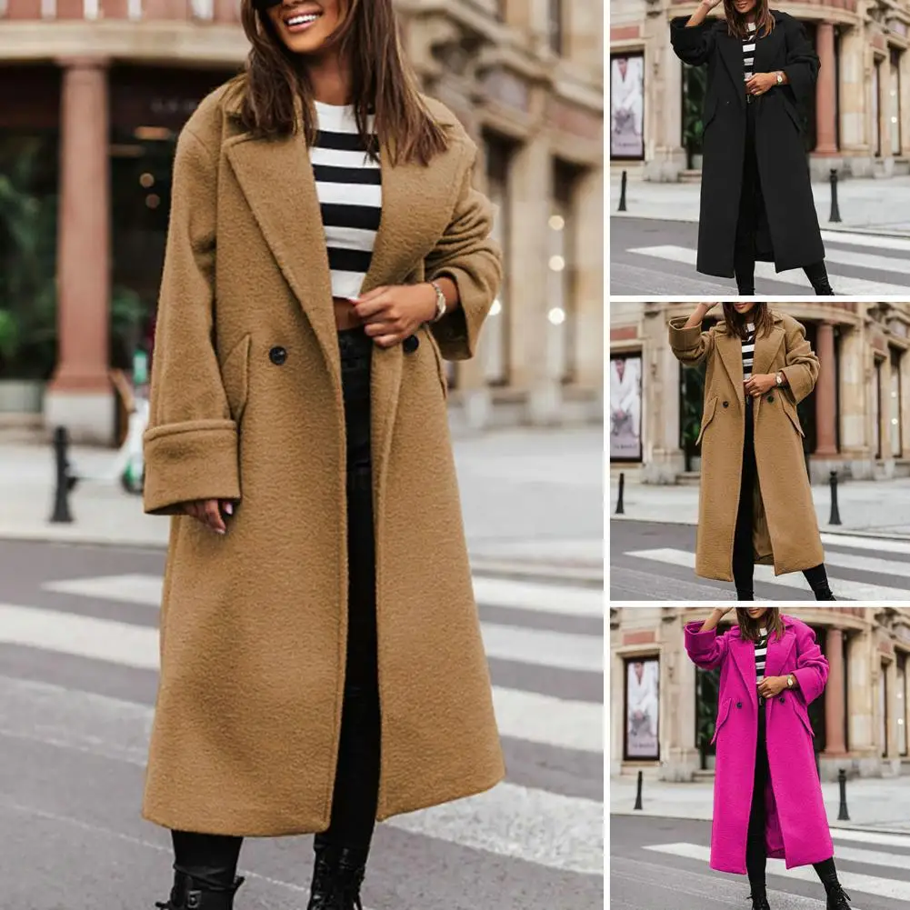 Women Fall Winter Overcoat Solid Color Thick Cardigan  Cardigan Coat Windproof Pockets Double Buttons Long Sleeve Lady Outwear