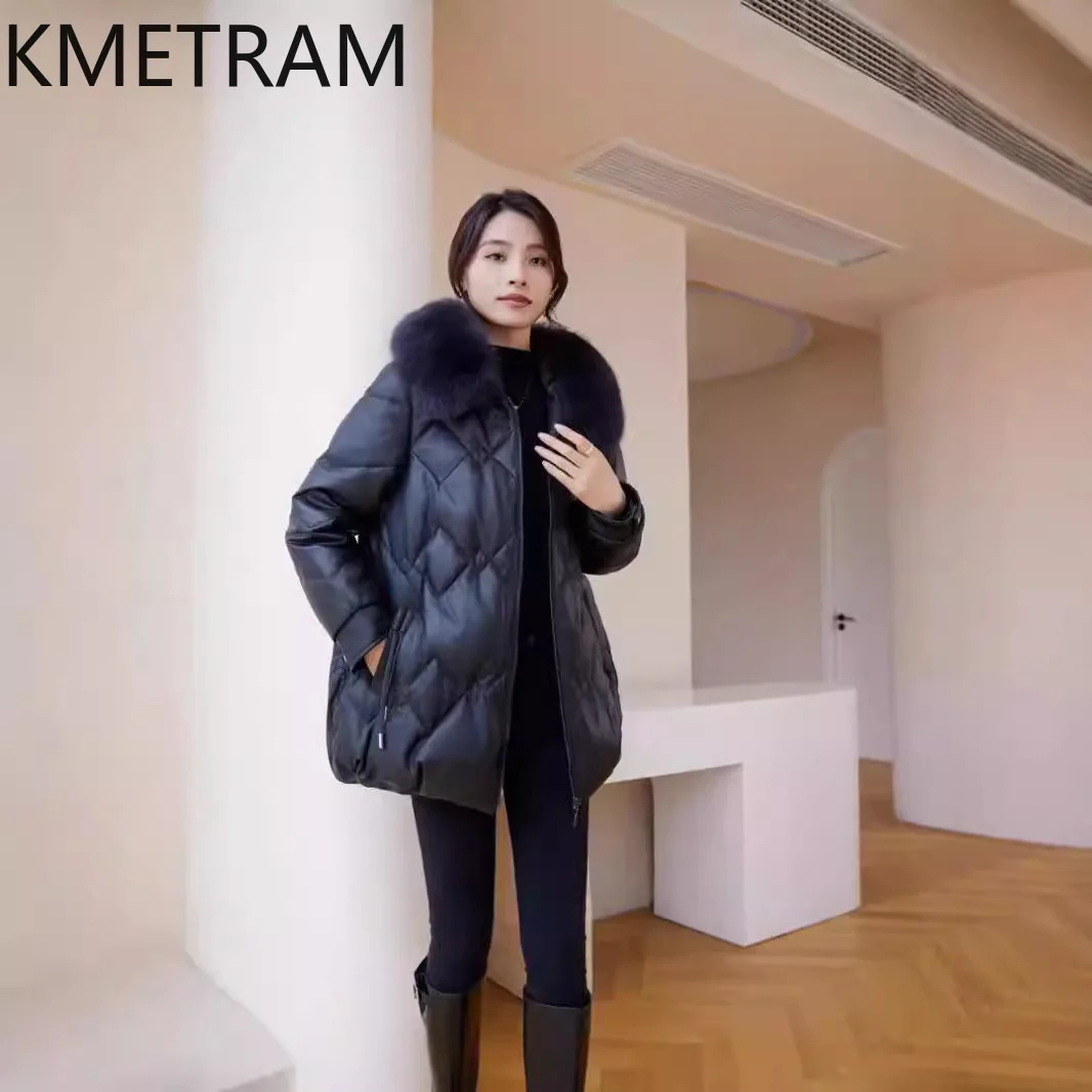 100% 양가죽 푸퍼 재킷 여성 루즈핏 정품 가죽 다운 코트 후드 여우털 칼라 2025 겨울옷 여성