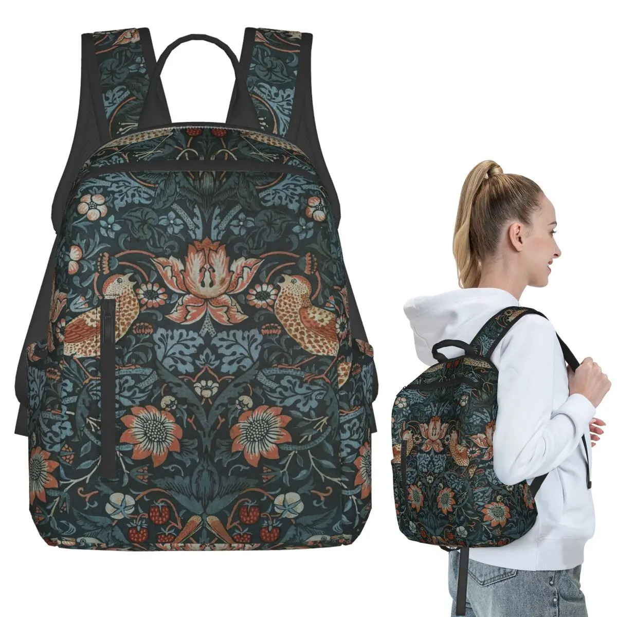 William Morris Original Vintage Poster - Strawberry Thief 1883 Backpack Student BookBag Boys Girls School Bag Computer Shoulder