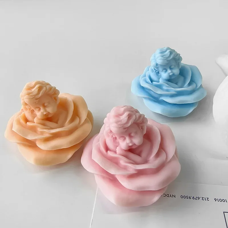 

DIY Rose Flower Angel Baby Plaster Ornament Mould Handmade Soap Making Supplies 3D Baby Angel Aroma Candle Silicone Mold