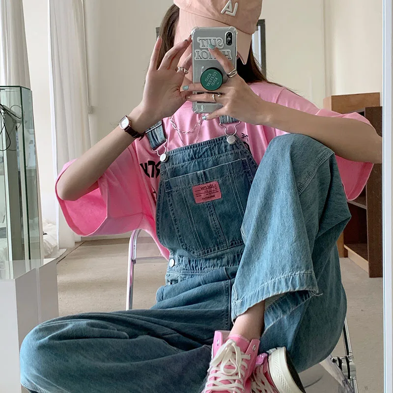 Vintage Denim Jumpsuit Voor Vrouwen 2023 Lente Blauwe Wijde Pijpen Straight Overalls Meisjes Casual Losse Romper Broek Streetwear