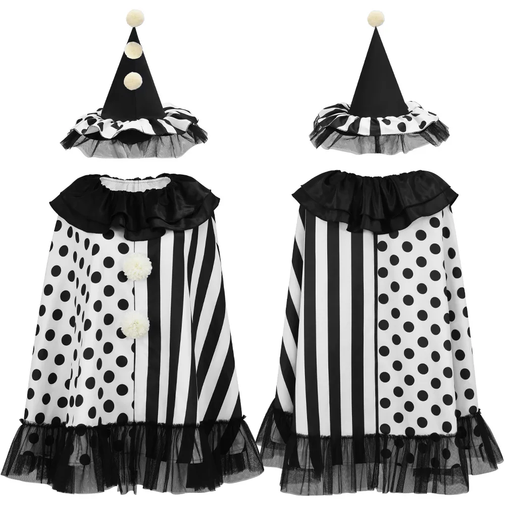 Costume da Clown per Cosplay, Mantello Nero e Bianco, Cappello a Pois e Righe, Outfit Completo per Festa di Halloween