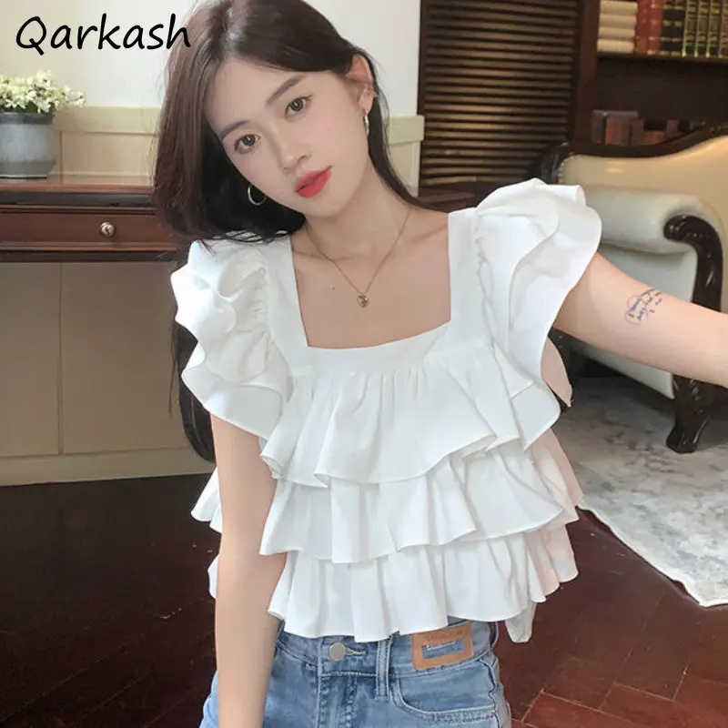 Flying Sleeve Blouses Women Ruffles Sweet Summer Crop Tops Fashion Elegant Square Collar Female Holiday Korean Style All-match